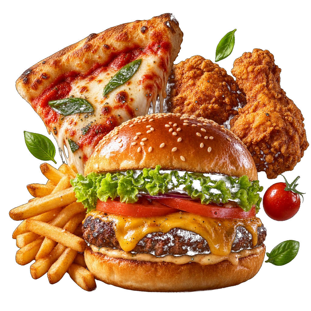 Burgers, pizza, chicken and fries